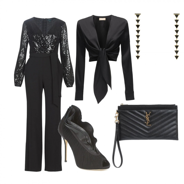 Outfit donna - Serata speciale. Stile Trendy per Serata fuori. Abbinamento con borse a mano, orecchini, tute, décolleté, top.