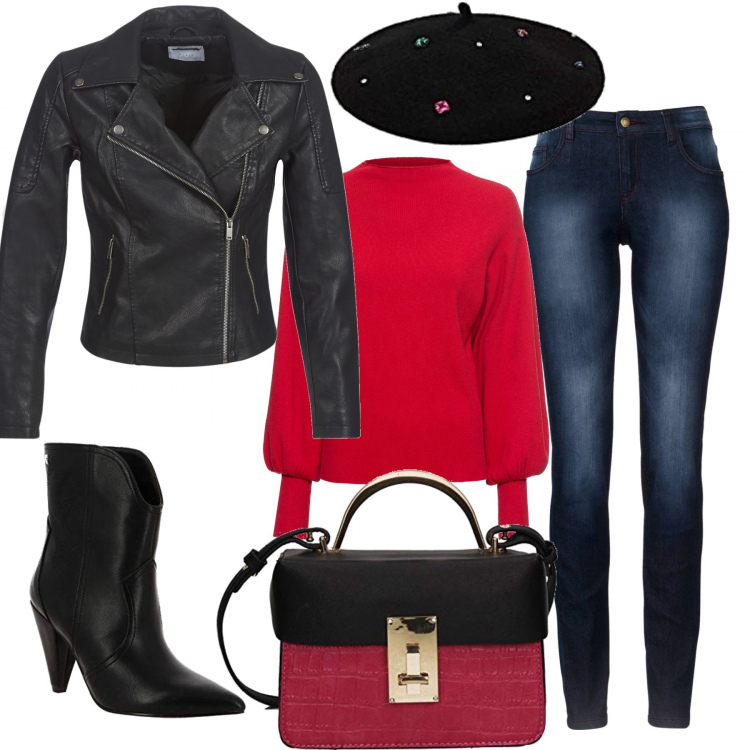 Outfit donna - Rock #964. Stile Rock per Tutti i giorni. Abbinamento con jeans skinny, maglieria, giacche, stivaletti, borse a tracolla, berretti.