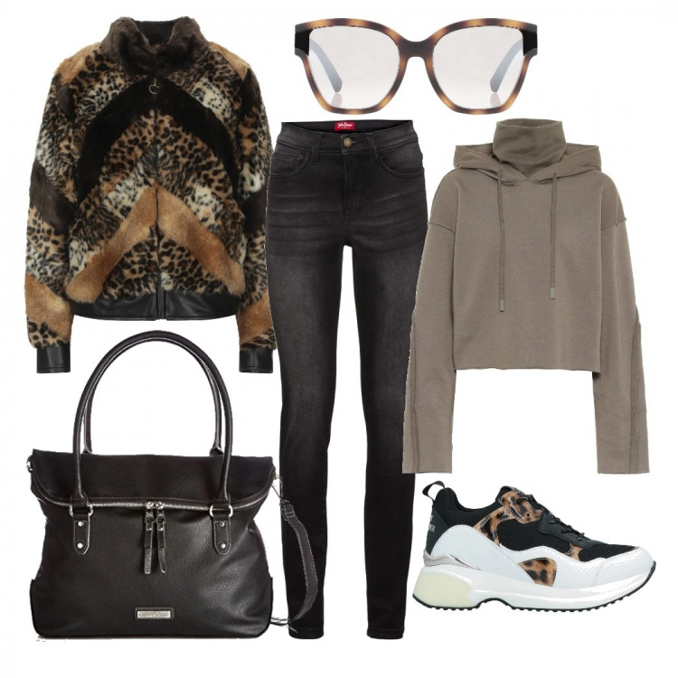 Outfit donna - Animalier sportiva. Stile Urban per Tutti i giorni. Abbinamento con jeans slim fit, sneakers, cappotti, occhiali da sole, shopping bag, felpe con cappuccio.