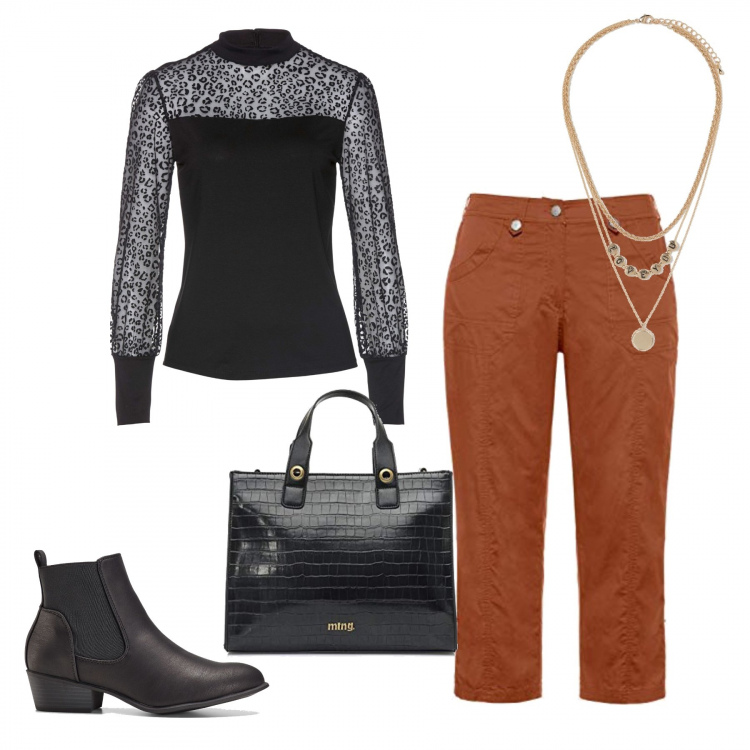 Outfit donna - Semplice e casual. Stile Trendy per Tutti i giorni. Abbinamento con maglieria, stivaletti chelsea, pantaloni cargo, borse a mano, ciondoli.