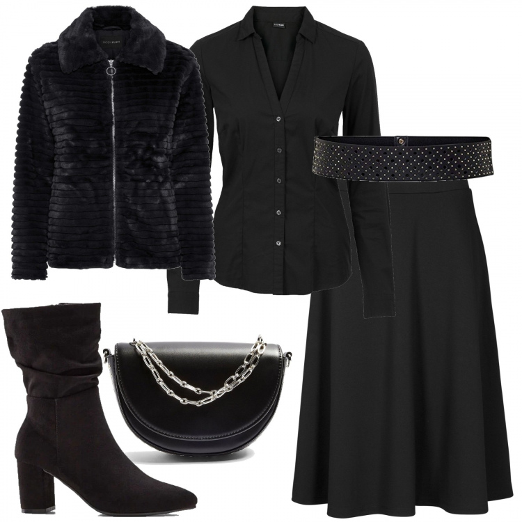 Outfit donna - Curvy total black trendy. Stile Trendy per Serata fuori. Abbinamento con gonne longuette, camicie, ecopellicce, stivali, borse a mano, cinture.
