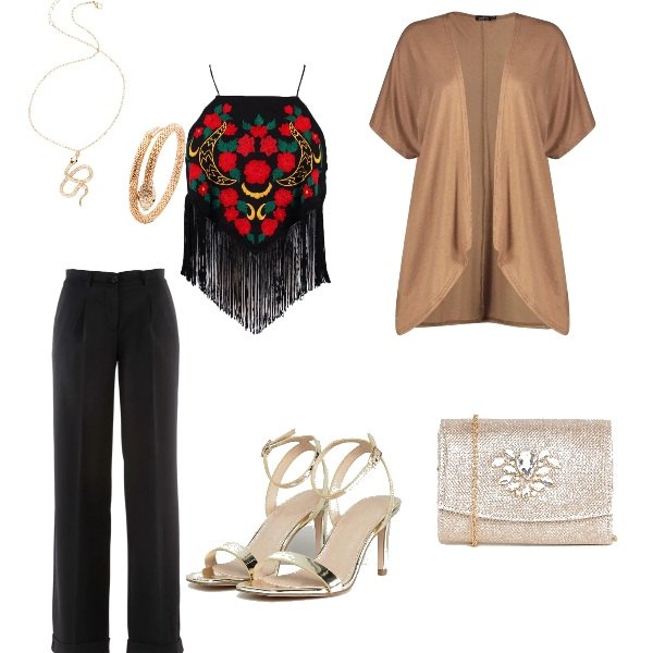 Outfit donna - Chic #6064. Stile Chic per Cerimonia. Abbinamento con pantaloni, bracciale motivo serpente oro, sandali con nodi pianta larga nudo, pochette.