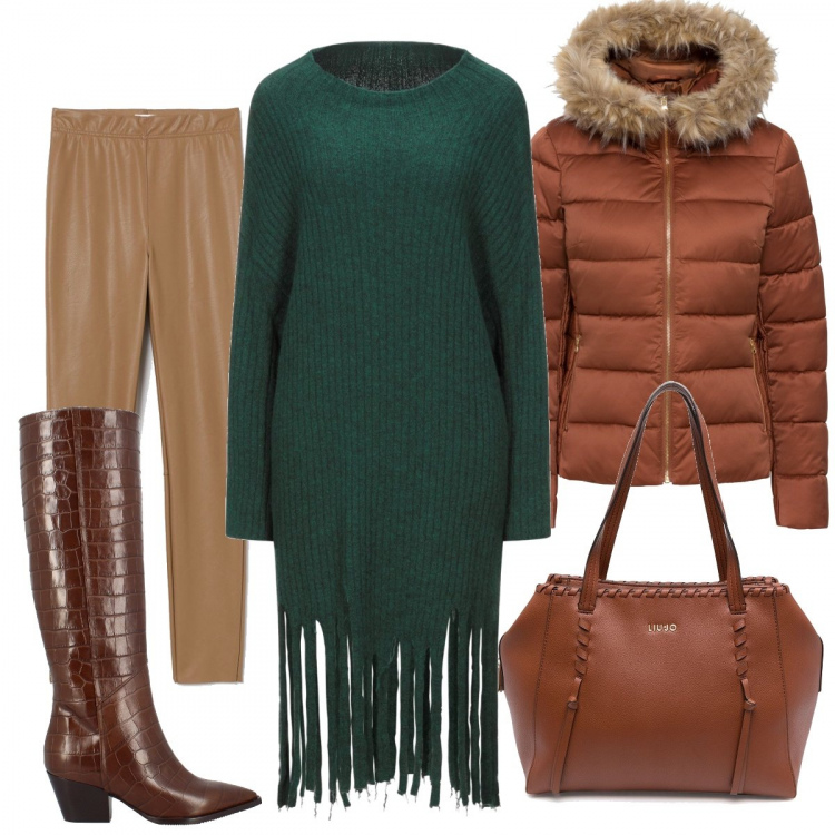 Outfit donna - Il verde ti fa bella. Stile Trendy per Tutti i giorni. Abbinamento con giacche, pullovers, stivali sopra il ginocchio, borse tote, leggings.