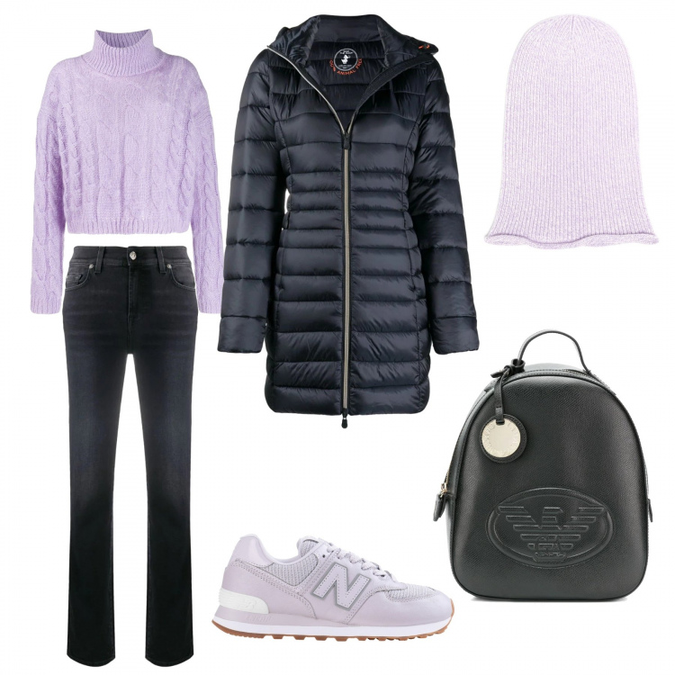Outfit donna - Caldo e comodo. Stile Basic per Tutti i giorni. Abbinamento con piumini, jeans dritti, zaini, maglioni, berretti, sneakers.
