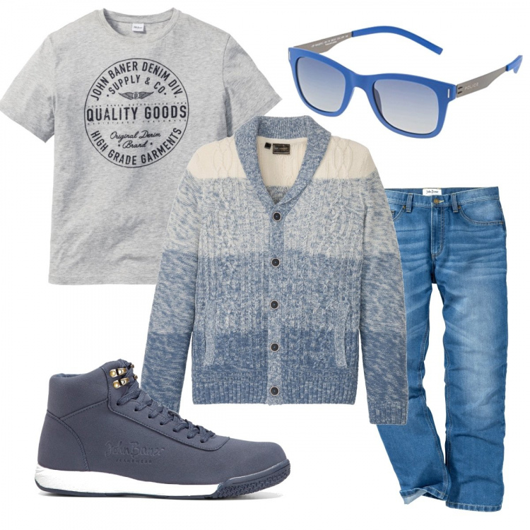 Outfit uomo - Prezzi piccoli, tanta resa. Stile Casual per Tutti i giorni. Abbinamento con jeans dritti, cardigans, sneakers alte, t-shirt, occhiali da sole.