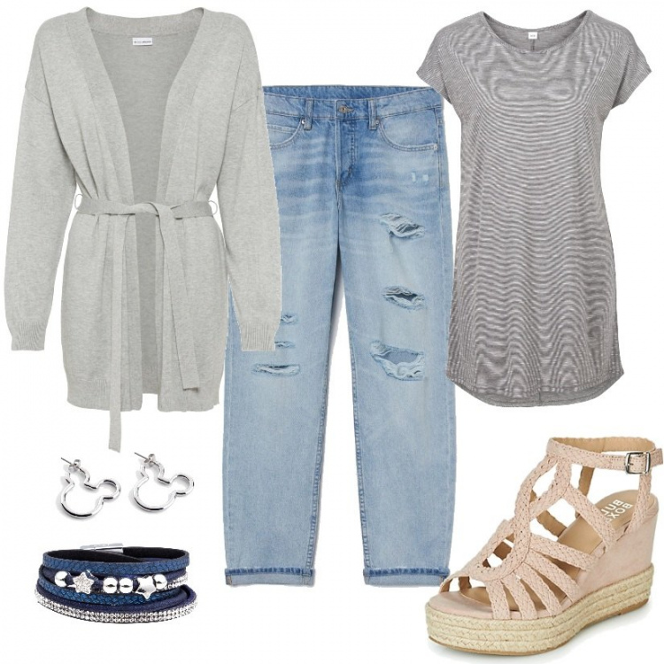 Outfit donna - Journée à la maison. Stile Basic per Tutti i giorni. Abbinamento con maglieria, cardigans, braccialetti, orecchini, sandali, jeans boyfriend.
