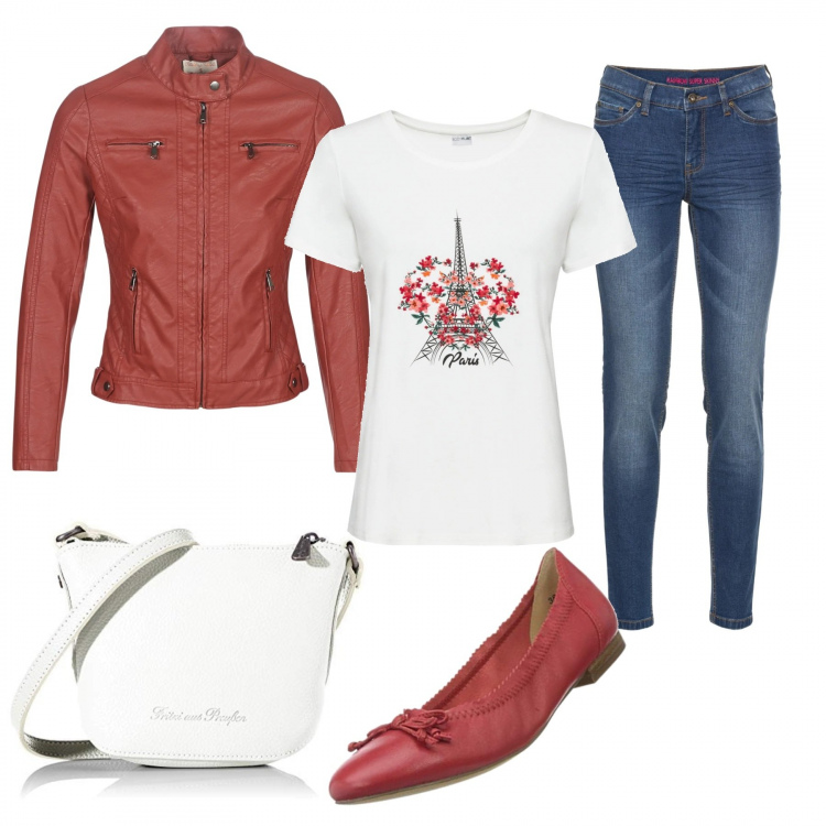 Outfit donna - Parigi nel cuore. Stile Basic per Scuola/Università. Abbinamento con jeans skinny, pullovers, giacche, borse a tracolla, ballerine.