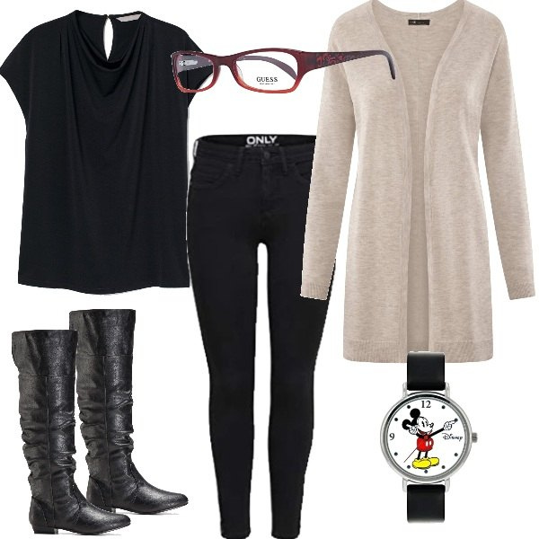 Outfit donna - Il mio smart working. Stile Basic per Tutti i giorni. Abbinamento con stivali sopra il ginocchio, cardigans, jeans skinny, pullovers, orologi, occhiali.