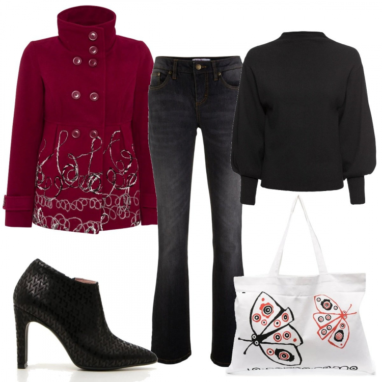 Outfit donna - Andiamo a fare shopping. Stile Trendy per Tutti i giorni. Abbinamento con maglieria, jeans bootcut, caban, borse tote, stivaletti.