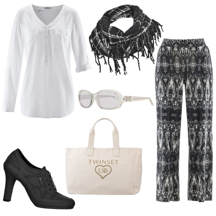 Outfit donna - Curvy super trendy. Stile Trendy per Tutti i giorni. Abbinamento con bluse, pantaloni a palazzo, borse a mano, décolleté, occhiali da sole, scialli.