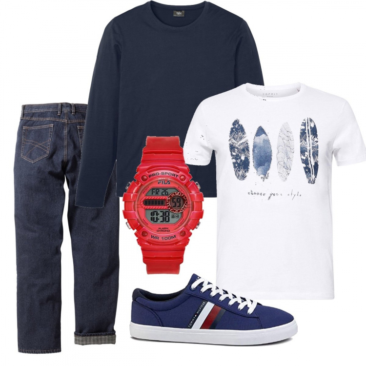 Outfit uomo - Tranquillo relax. Stile Casual per Tutti i giorni. Abbinamento con jeans dritti, pullovers, t-shirt, scarpe stringate, orologi digitali.