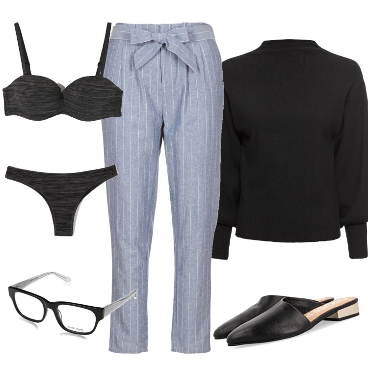 Outfit donna - Smart working: cheap and chic!. Stile Basic per Tutti i giorni. Abbinamento con maglieria, slip, reggiseni, pantaloni, zoccoli, occhiali.
