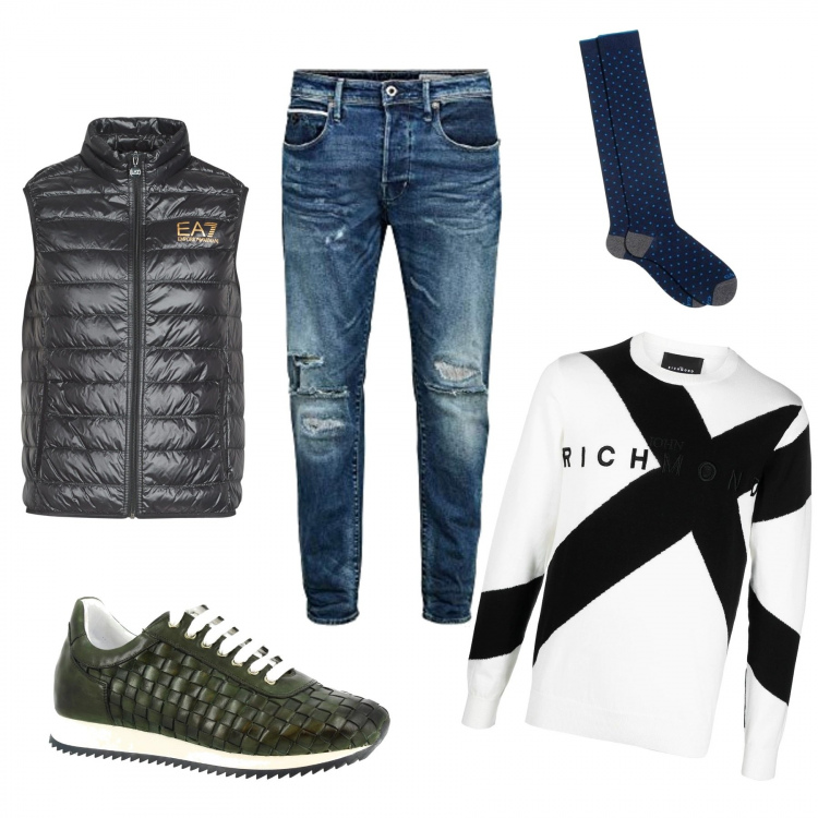Outfit uomo - Trendy #1399. Stile Trendy per Tutti i giorni. Abbinamento con sneakers, calzini, piumini, maglioni, jeans strappati.