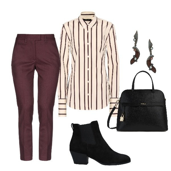 Outfit donna - Righe in sintonia!. Stile Chic per Ufficio. Abbinamento con stivaletti chelsea, borse a mano, pantaloni, orecchini, camicie.