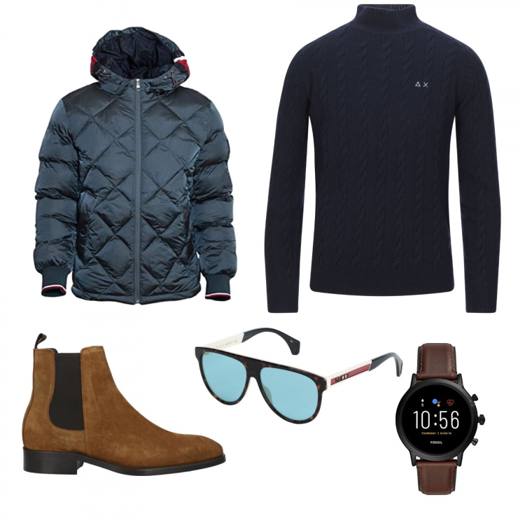 Outfit uomo - Dolcevita blu. Stile Casual per Tutti i giorni. Abbinamento con occhiali da sole, pullovers, stivali e stivaletti, giacche, orologi digitali.
