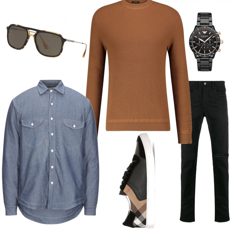 Outfit uomo - Un pomeriggio in centro. Stile Casual per Tutti i giorni. Abbinamento con jeans skinny, occhiali da sole, orologi, camicie, sneakers, pullovers.