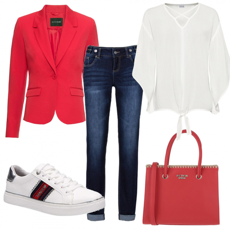 Outfit donna - Sara#1. Stile Urban per Tutti i giorni. Abbinamento con jeans boyfriend, blazer, bluse, borse a mano, sneakers.