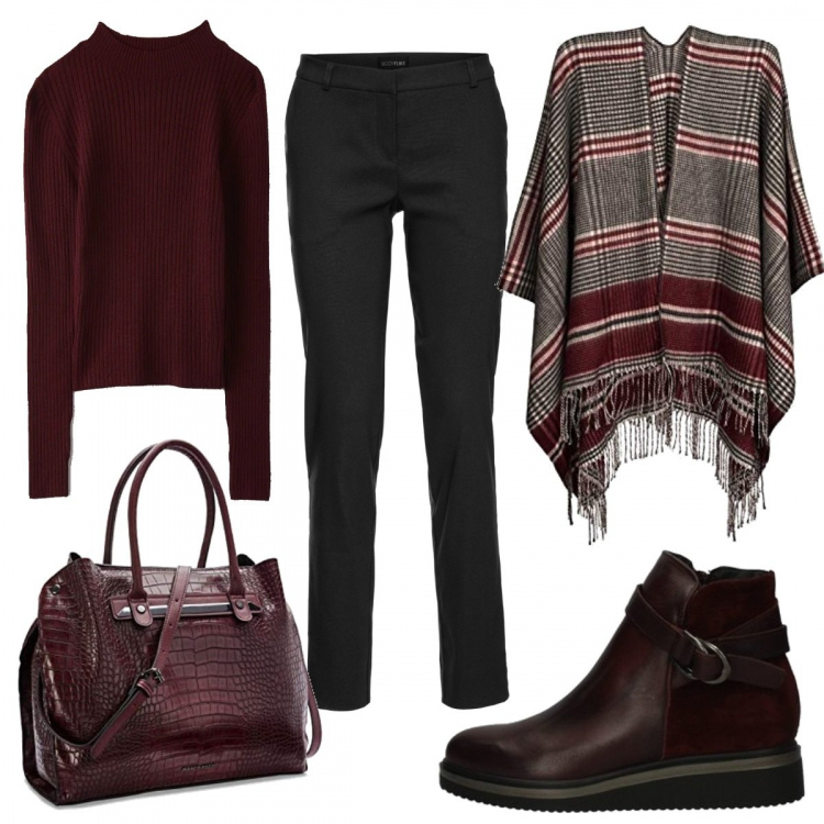 Outfit donna - Basic #5736. Stile Basic per Ufficio. Abbinamento con pantaloni, maglieria, stivaletti, cappotti, borse a mano.