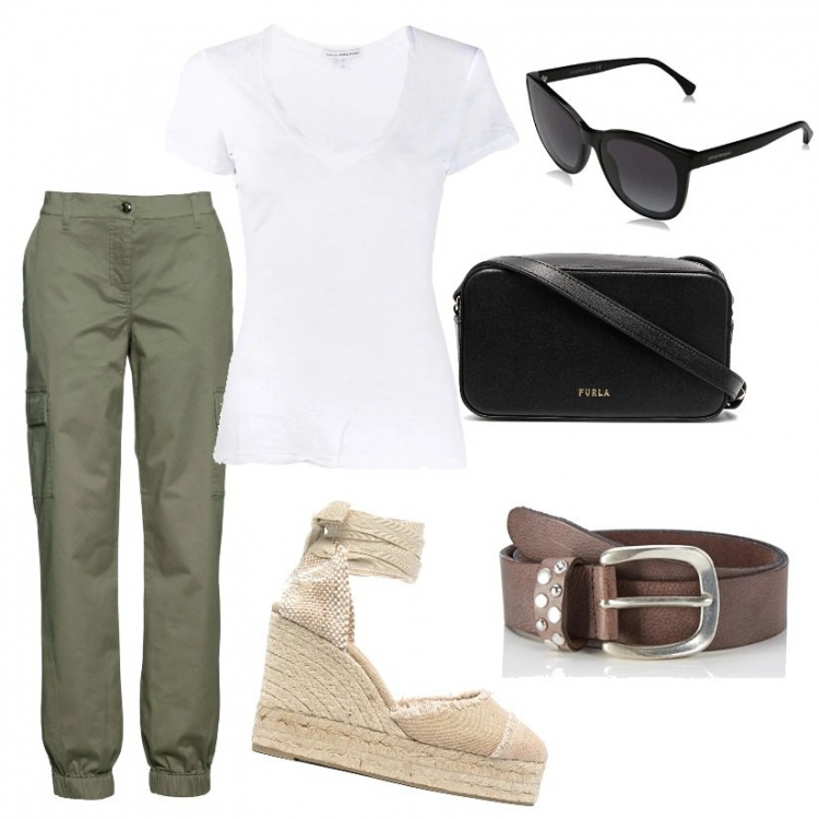 Outfit donna - Basic. Stile Basic per Tutti i giorni. Abbinamento con pantaloni cargo, décolleté, t-shirt, borse a tracolla, cinture, occhiali da sole.