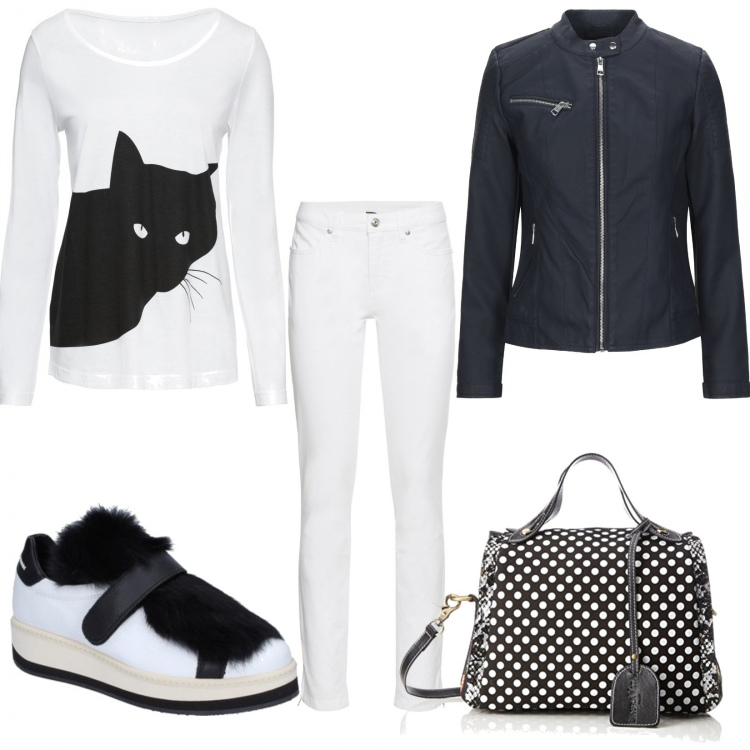 Outfit donna - Black & white. Stile Urban per Tutti i giorni. Abbinamento con jeans skinny, pullovers, cappotti, sneakers, borse a spalla.