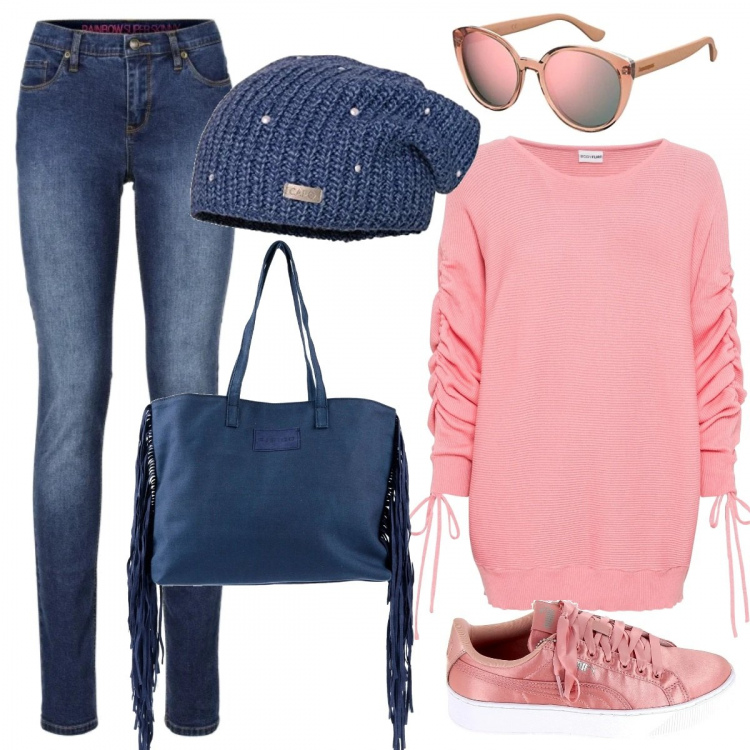 Outfit donna - Urban low cost. Stile Urban per Tutti i giorni. Abbinamento con jeans skinny, maglieria, borse a spalla, sneakers, berretti, occhiali da sole.