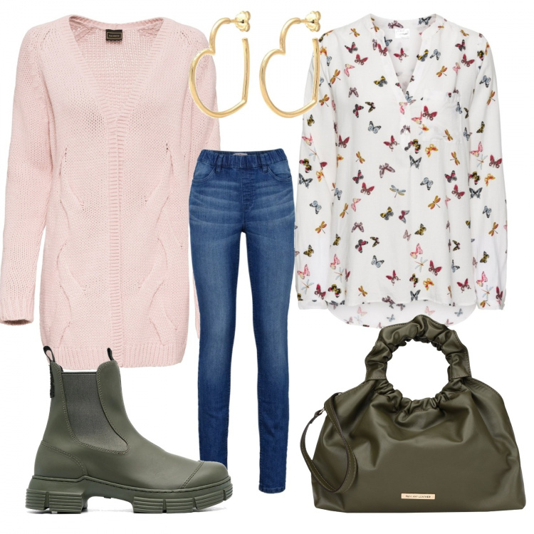 Outfit donna - Sempre Bonprix. Stile Basic per Tutti i giorni. Abbinamento con bluse, jeggings, cardigans, borse a mano, stivaletti, orecchini.