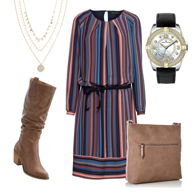 Outfit donna - Aperitivo in centro. Stile Trendy per Tutti i giorni. Abbinamento con stivali, vestiti, collane, borse a tracolla, orologi.