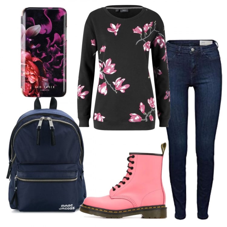 Outfit donna - Basic #5878. Stile Basic per Scuola/Università. Abbinamento con felpe, cover telefono, stivaletti, zaini, jeans.