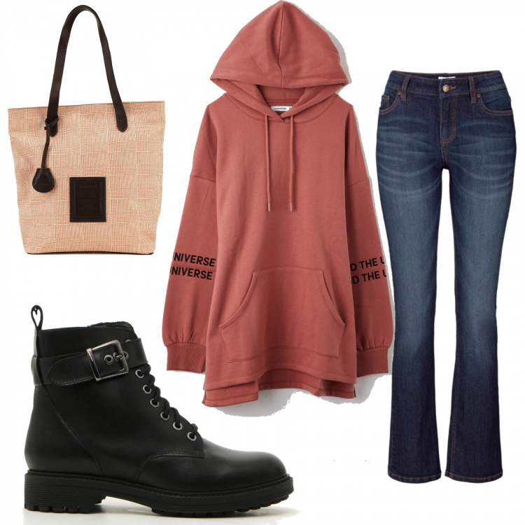 Outfit donna - Glam. Stile Rock per Tutti i giorni. Abbinamento con jeans bootcut, borse a mano, felpe con cappuccio, anfibi.