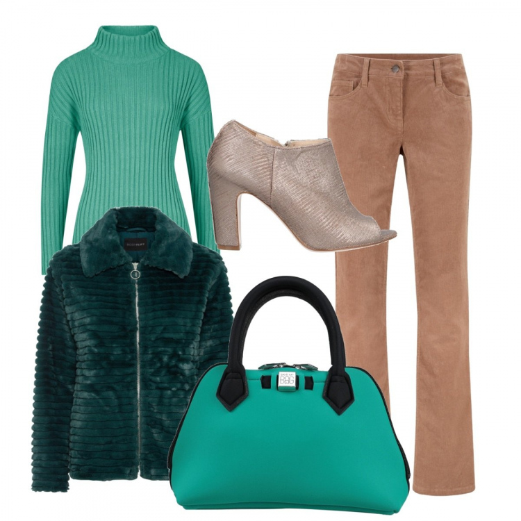 Outfit donna - Stile per tutti i giorni. Stile Urban per Tutti i giorni. Abbinamento con pantaloni, ecopellicce, maglieria, borse a mano, stivaletti.
