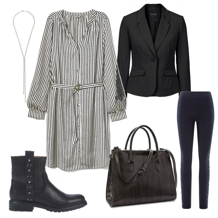 Outfit donna - Monday Style - Righe in sintonia. Stile Trendy per Ufficio. Abbinamento con stivaletti, blazer, borse a spalla, leggings, vestiti corti, collane.