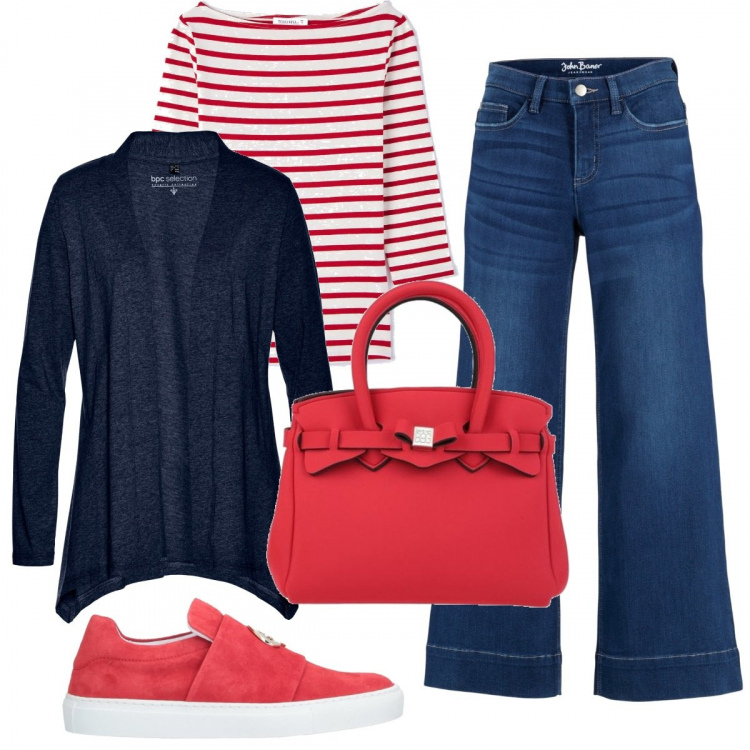 Outfit donna - Intramontabile blu e rosso. Stile Basic per Tutti i giorni. Abbinamento con jeans a zampa, cardigans, borse a mano, sneakers, t-shirt.