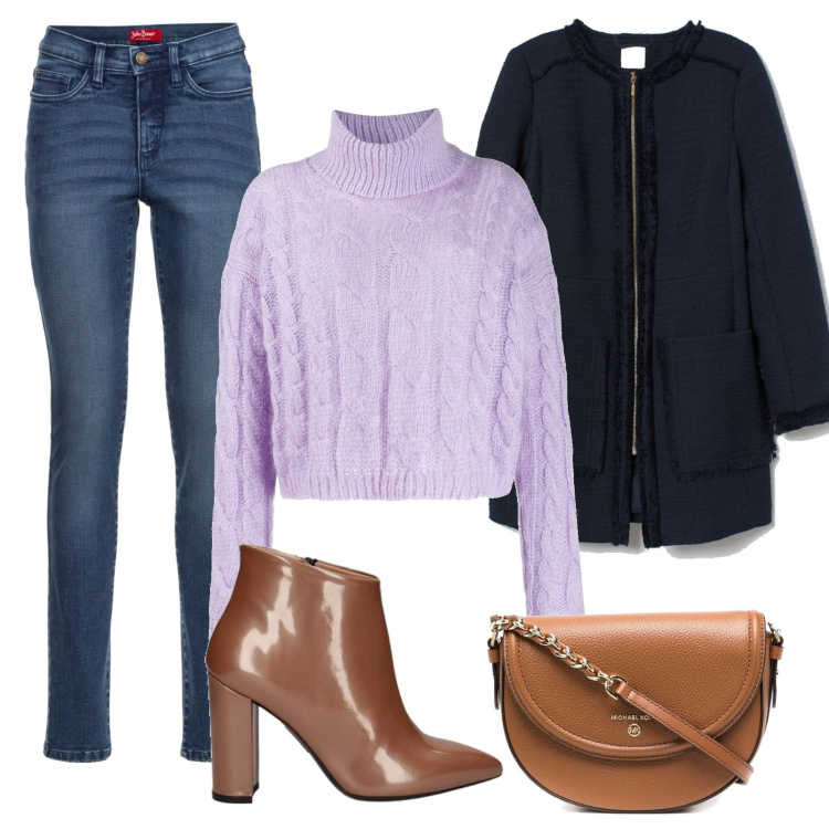 Outfit donna - A lavoro. Stile Basic per Tutti i giorni. Abbinamento con jeans slim fit, stivaletti, borse a tracolla, maglioni, cappotti.