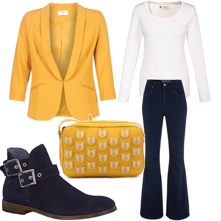 Outfit donna - Stile semplice ma ad effetto. Stile Trendy per Tutti i giorni. Abbinamento con maglieria, jeans a zampa, giacche, borse a tracolla, stivaletti.