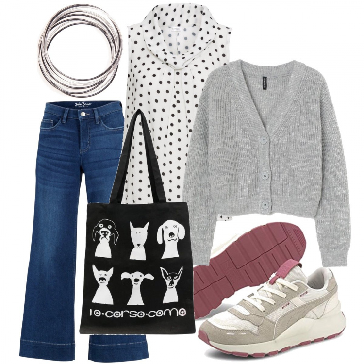 Outfit donna - Ever green for every age. Stile Trendy per Tutti i giorni. Abbinamento con jeans a zampa, bluse, braccialetti, borse tote, sneakers, cardigans.