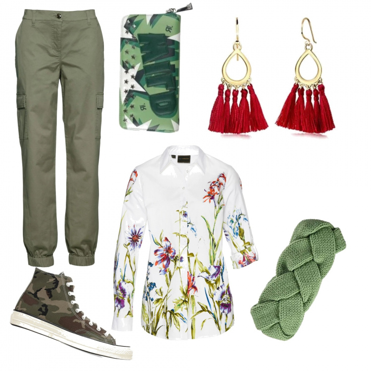 Outfit donna - Curvy accenno di primavera. Stile Trendy per Tutti i giorni. Abbinamento con pantaloni cargo, camicie, portafogli, fasce per capelli, sneakers, orecchini.