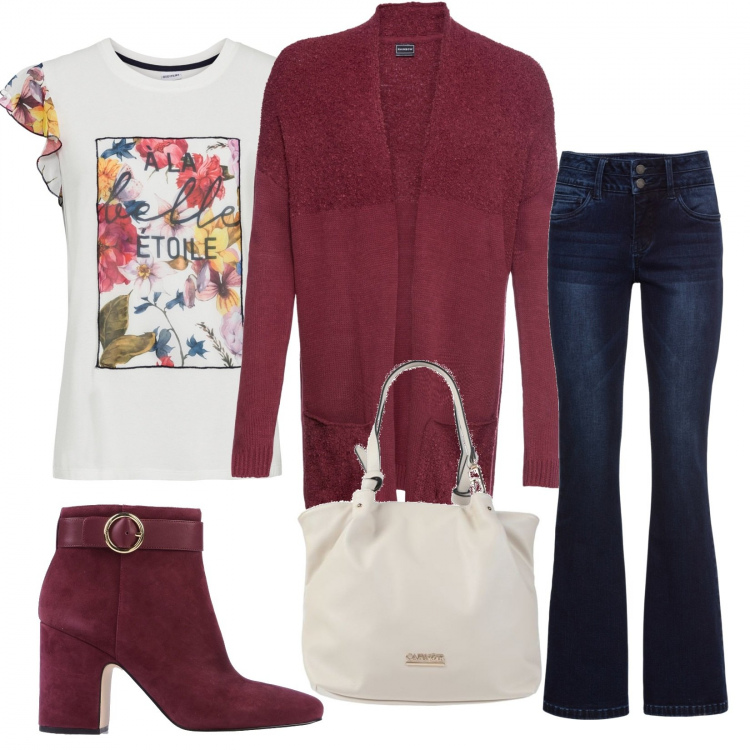 Outfit donna - Stilosa basic. Stile Basic per Ufficio. Abbinamento con jeans bootcut, pullovers, cardigans, stivaletti, borse a mano.