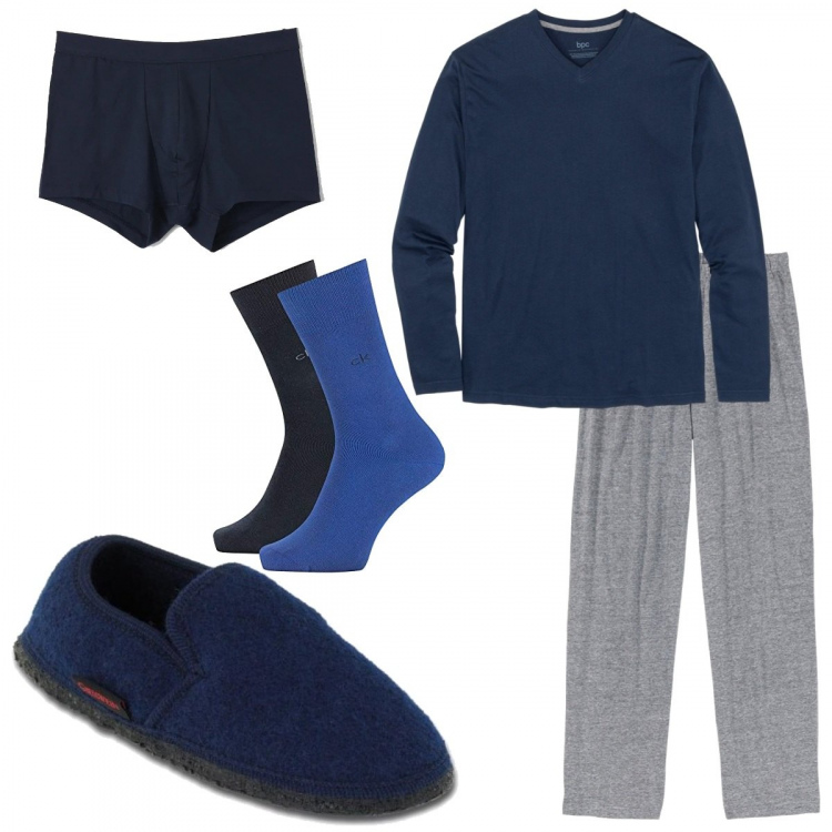 Outfit uomo - Blu notte. Stile Casual per Tutti i giorni. Abbinamento con abbigliamento da notte, boxer, calzini.