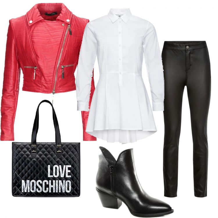 Outfit donna - Bianco nero e rosso. Stile Rock per Serata fuori. Abbinamento con camicie, pantaloni, giacche, stivaletti texani, borse tote.
