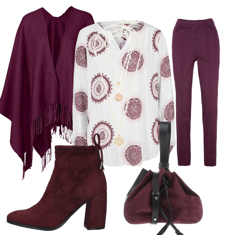 Outfit donna - Burgundy in fantastia. Stile Trendy per Tutti i giorni. Abbinamento con tuniche, ciondoli, pantaloni, cappotti, stivaletti, borse a mano.
