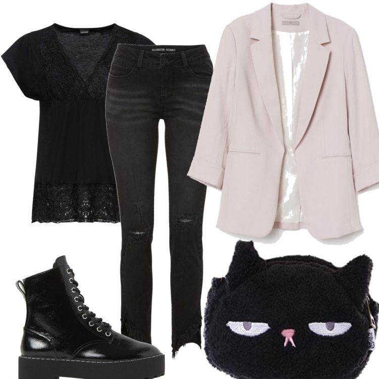 Outfit donna - Non dire gatto.... Stile Trendy per Tutti i giorni. Abbinamento con maglieria, jeans skinny, borse a tracolla, stivaletti, blazer.
