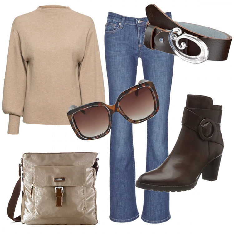 Outfit donna - Pronte per il weekend. Stile Urban per Tutti i giorni. Abbinamento con maglieria, jeans bootcut, stivaletti, occhiali da sole, borse a tracolla, cinture.