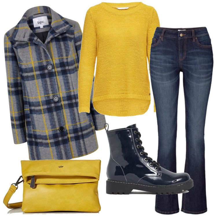 Outfit donna - Raggi di sole nel blu. Stile Urban per Tutti i giorni. Abbinamento con jeans bootcut, cappotti, maglioni, stivaletti, pochette.