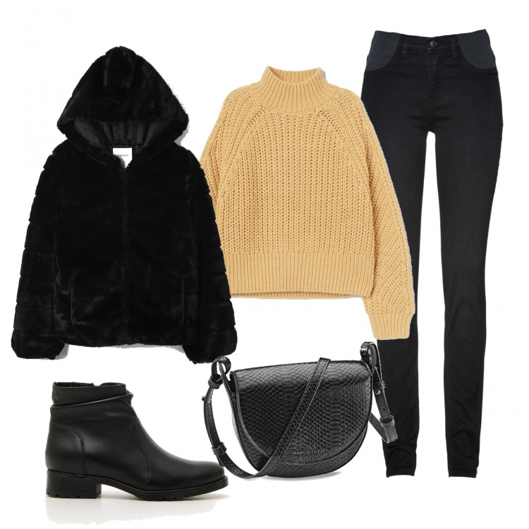 Outfit donna - La pelliccia ecologica. Stile Basic per Tutti i giorni. Abbinamento con jeans skinny, ecopellicce, stivaletti, borse a mano, pullovers.