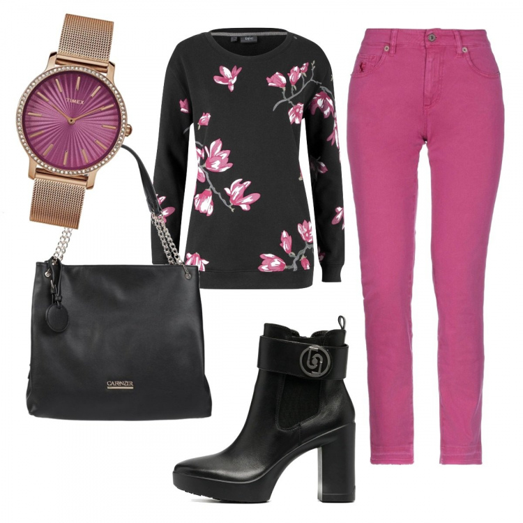 Outfit donna - Basic #6070. Stile Basic per Tutti i giorni. Abbinamento con felpe, borse a spalla, pantaloni, stivali sopra il ginocchio, orologi analogici.