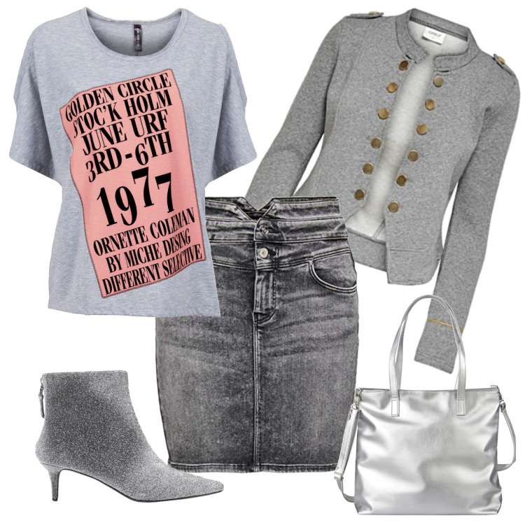 Outfit donna - Rockettara in grigio. Stile Rock per Tutti i giorni. Abbinamento con maglieria, shopping bag, stivaletti, blazer, minigonne.