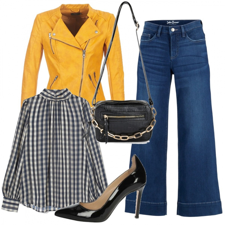 Outfit donna - Tacchi in vernice. Stile Trendy per Tutti i giorni. Abbinamento con jeans a zampa, borse a tracolla, blazer, décolleté, camicie.