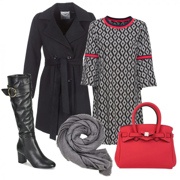 Outfit donna - Geometrie. Stile Trendy per Ufficio. Abbinamento con vestiti, borse a mano, cappotti, stivali, sciarpe.
