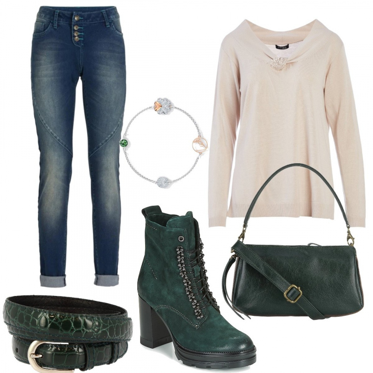 Outfit donna - Passione per il verde. Stile Basic per Tutti i giorni. look ideale per Petite. Abbinamento con jeans boyfriend, maglieria, cinture, stivaletti, borse a mano, ciondoli.