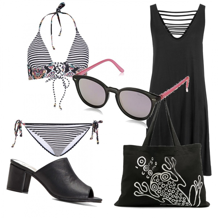Outfit donna - Trendy #12205. Stile Trendy per Mare. Abbinamento con vestiti da spiaggia, bikini, ciabatte, borse tote, occhiali da sole.